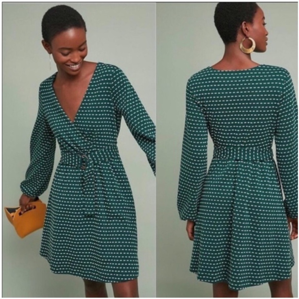Maeve by Anthropologie ~ Malta green V-neck Lined Long Sleeve Dress | Sz Medium
